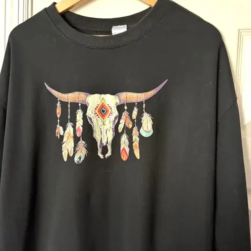 Western Graphic Black Crew Sweatshirt Women's XL Steerhead Feather Design