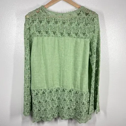 Piazza Del Tempo Lace Top Linen Blend Long Sleeve Crochet Detail Green Blouse XL