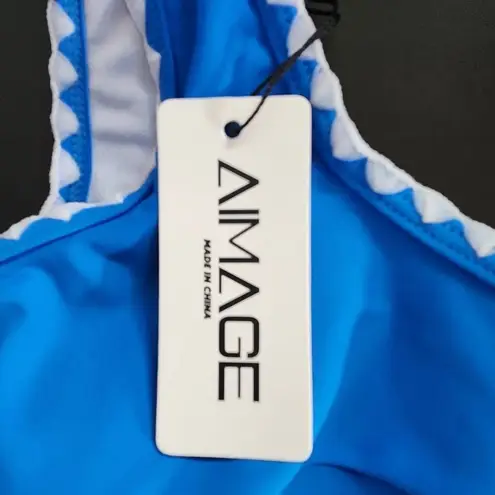 AI'IMAGE Blue Bikini with White Trim and High Waist Bottoms NWT Size Large