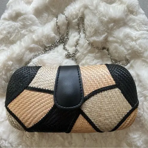 New Handmade Buntal Straw Clutch Purse Chain Strap Magnetic Snap Closure Tan Brown