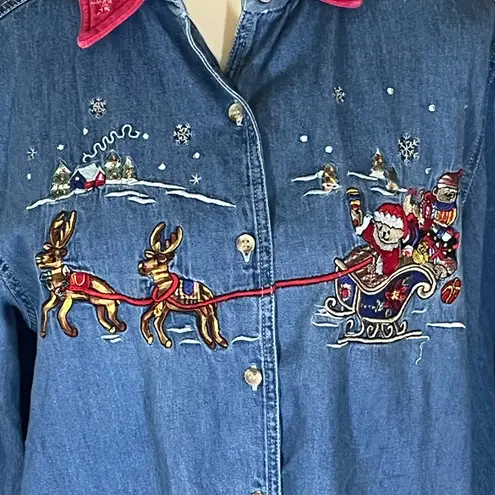 Bobbie Brooks Denim Long Sleeve Embroidered Christmas Scene Blue Size M