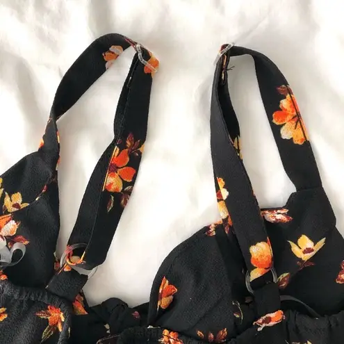 Gypsies & Moondust New Floral Bow Tie Front Cropped Tank Top Black Orange Juniors Size Medium