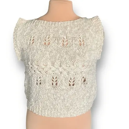Vintage Knit Sweater Vest Top Pullover Off White Ruffle Sleeve Open Weave Linen