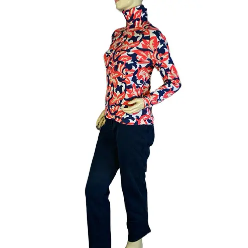 VINTAGE 1970’S AMMANN & BITZER RED & BLUE LEAF PRINT NYLON TURTLENECK TOP (S)