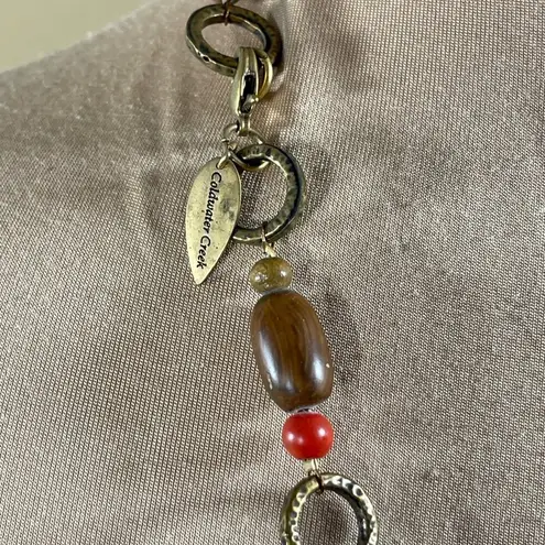 Coldwater Creek Long Necklace Coral Stone Rawhide Gold Tone Wood