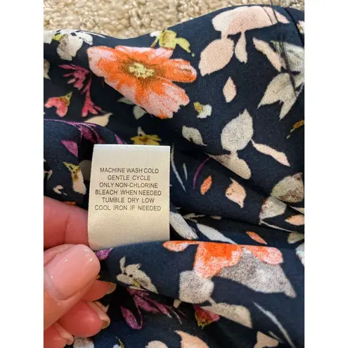 Daniel Rainn Navy Blue & Floral V-Neck Cap Sleeve Blouse S