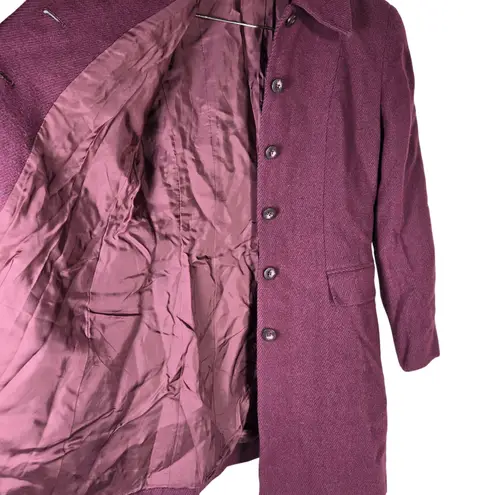 Laura Ashley Vintage Burgundy Herringbone Wool Blend Button Front Long Over Coat