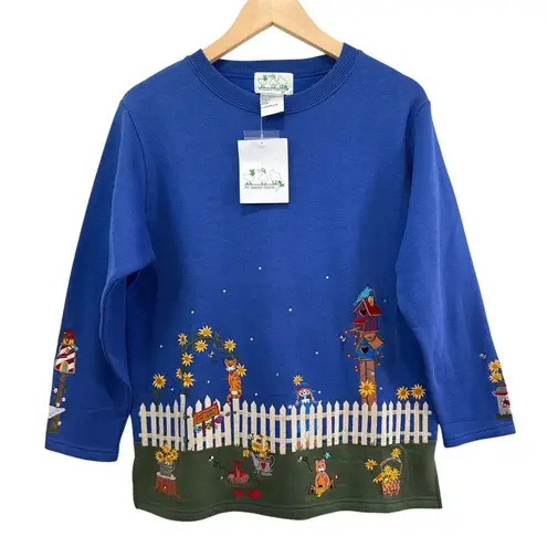 Quacker Factory S Whimsical Embroidered Fall Rustic Harvest Sweatshirt Country Blue