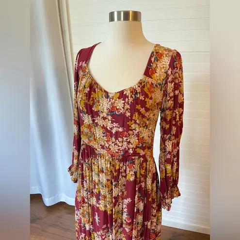 Skies Are Blue Floral Burgundy Print Midi Length Dress