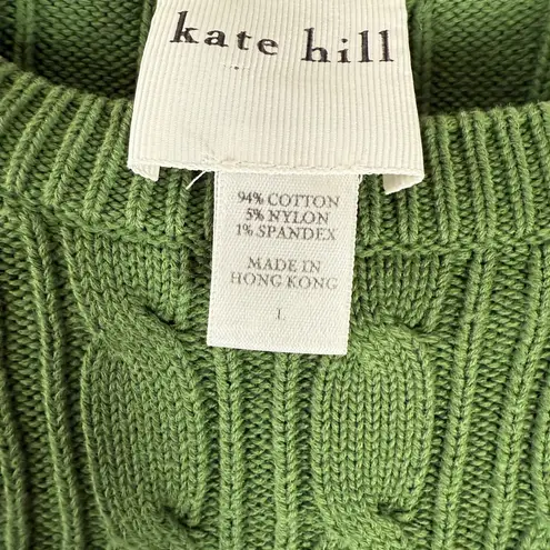 Kate Hill Green Crew Neck Classic Cable Knit Sweater Preppy Cotton Blend Large