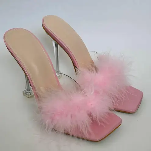 Pink Fluffy Feather PVC Stilletto Mule Heels Size 39