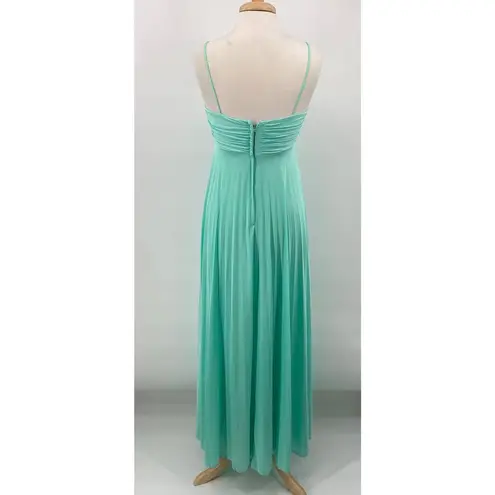 Vintage 70s Pleated Maxi Dress w Sheer Cape Mint Green Tie Spaghetti Strap Small