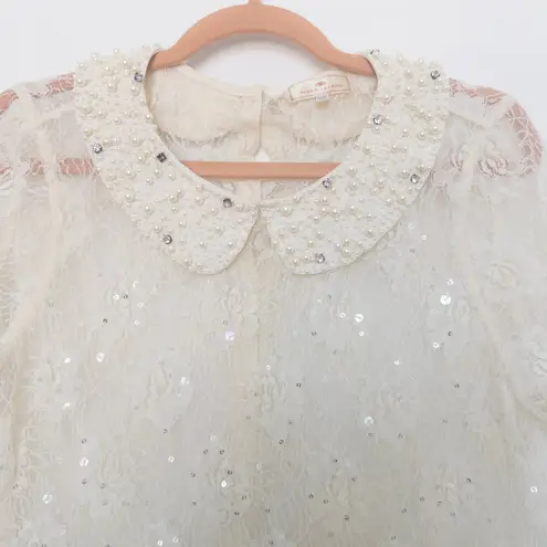 River Island Womens Top Size S Ivory Lace Sheer Pearl Collar Coquette Blouse