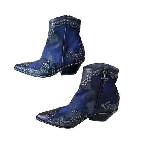 Donald Pliner Western Ocean Suede Crush Metallic Leather Boot Shoe $625 NWT Blue Size 6