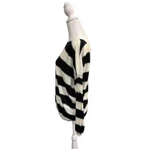 Sandro Black and Off-White Crew Neck Sweater with Bold Stripes and silver detail