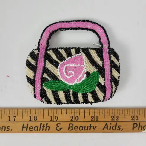 Vintage Handmade Womens Coin Purse Pink Black Rose Embellished Beads with Handle