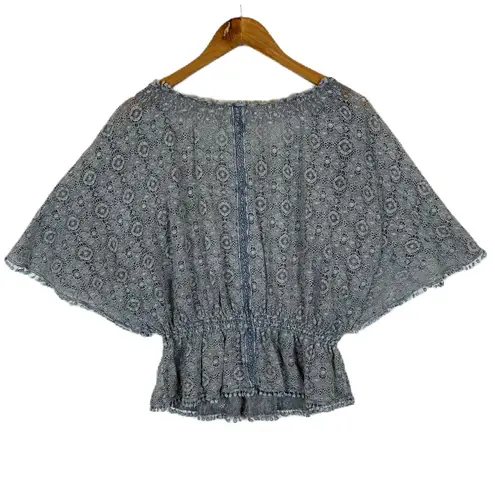 Queen Moda Women’s Blue Gray Smocked Cotton Lace Short Sleeve Blouse S