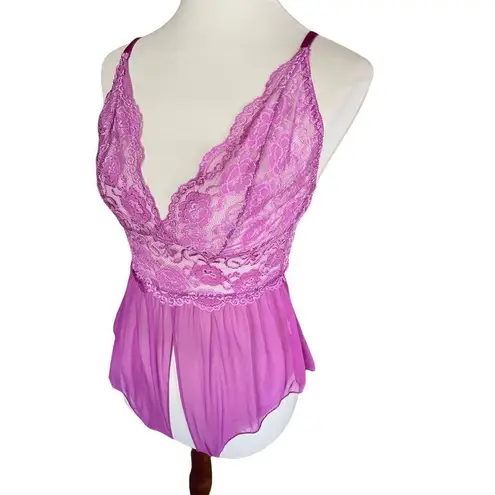 Gorgeous! Lilac Satin Lace Rose Negligee Open Crotch S Purple