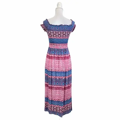 Pink Rose Small Casual Summer Maxi Pink Blue FLoral Smocked Dress