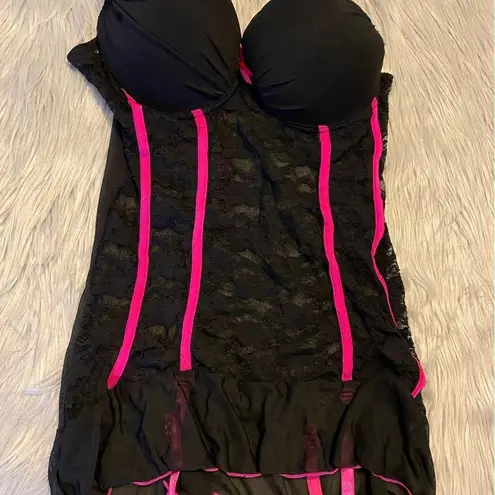 Hot Kiss  Intimates Black Lace & Pink Lingerie One Piece