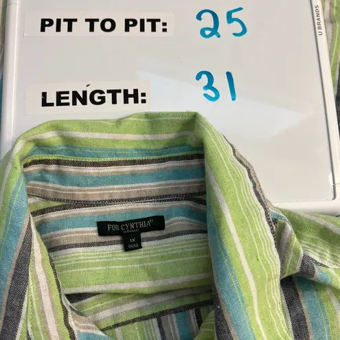 For Cynthia Woman Blue Green Cream Stripe Button Down Shirt Jacket Shacket 1X