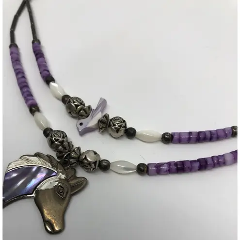 Rare Vtg Silver Horse Necklace Purple Pony Pendant Silver Roses Beaded Bird 16"