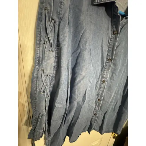 New Directions Curvy Blue Denim Look Button Up Long Sleeve Shirt, Lyocell, 1X