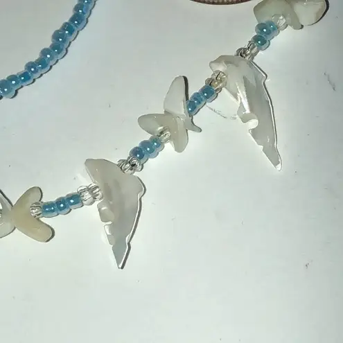 Vintage Blue  Seed Bead Beaded Carved Dolphin Shell Boho Necklace