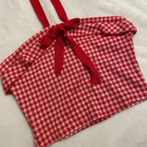 Cottagecore Farmhouse Babydoll Summer Red White Plaid Halter Ribbon Crop Top Size XS