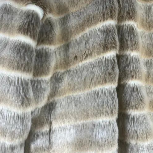 Alpine Studio Women's Faux Fur Coat Jacket Hooded Tan Beige Striped Size Large L Brown