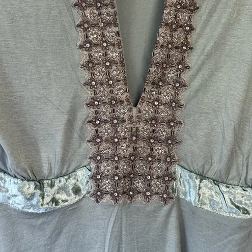 Moda International Olive Green V Neck Y2K Top Beaded Detail Fairycore Coquette