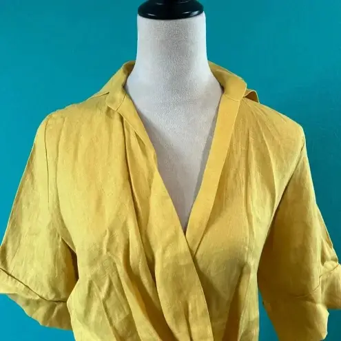 ZARA  Woman Mustard Yellow Linen Front Twist Faux Wrap Top Casual Blouse Size S