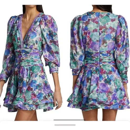 Patbo Blossom Plunge Mini Long Sleeve Dress Floral Violet Size 0 New Purple