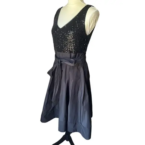 Ralph Lauren Lauren  Black Sequin V Neck Taffeta Flare Tie Waist Dress - 10