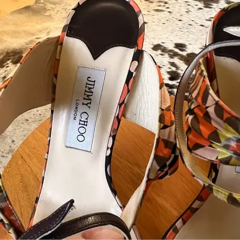 Jimmy Choo Geometric Groovy Print Satin Heels Ankle Wrap Size 39.5