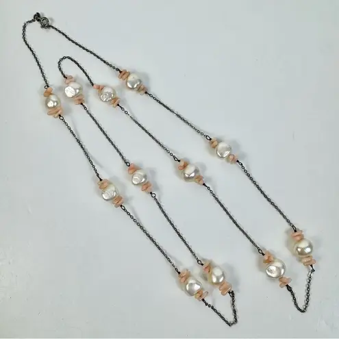 Source Unknown Sterling Silver Freshwater Pearl Angel Skin Coral Long Layering Necklace