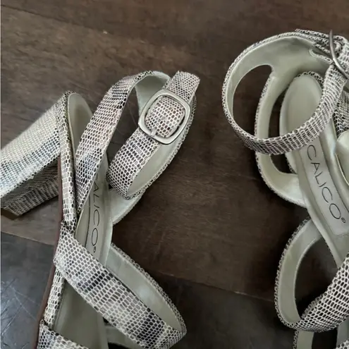 Vintage calico leather snakeskin pattern strappy block heel sandal shoe White Size 7.5