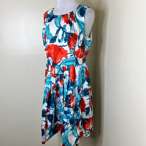 Talbots Fit & Flare Dress 14 PETITE Red White Blue Midi Pleated Floral Paisley