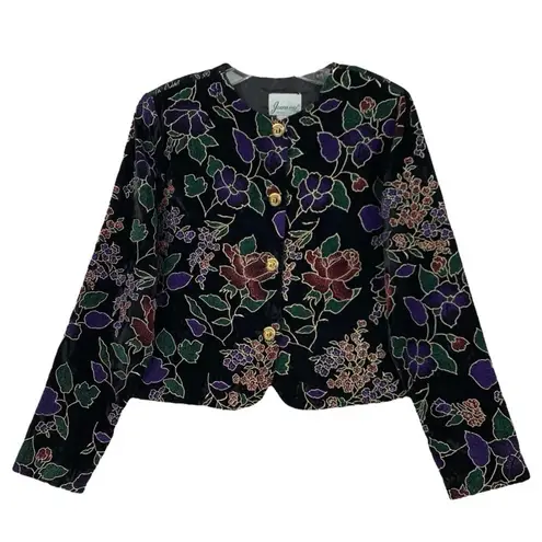 Vintage Black Gold Metallic Velvet Colorful Floral Evening Blazer Size SMALL