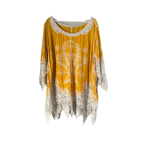 C EST.1946 Women’s Boho Yellow Blouse 3/4 Sleeve Crochet Embroidered SZ 22/24