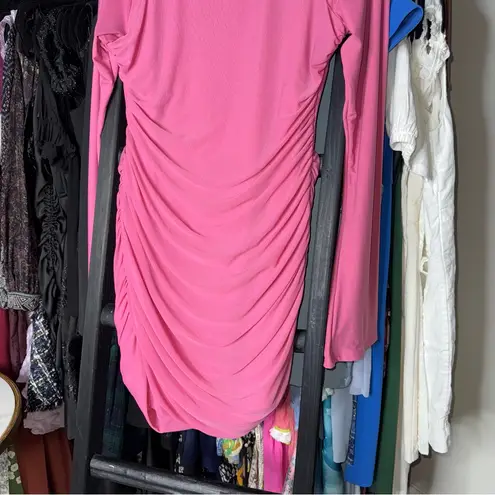 Oh Polly  Ruched Cutout Embellished Long Sleeve Bodycon Mini Dress in Hot Pink