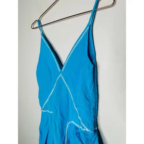 ESTEBAN CORTAZAR COLLECTIVE Aqua Hourglass White Stitch Midi Dress Size Medium Blue