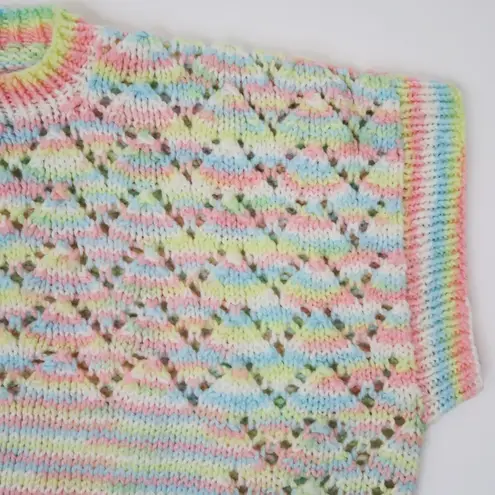 Vintage Homemade Pastel Rainbow Crochet Short Sleeve Sweater Shirt Pink Size M