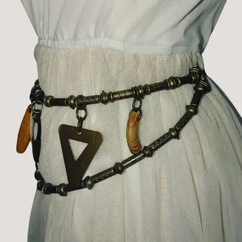 Geometric Shape Charm Belt Vintage Brass Wood Versatile Adjustable Chain Closure Size 36