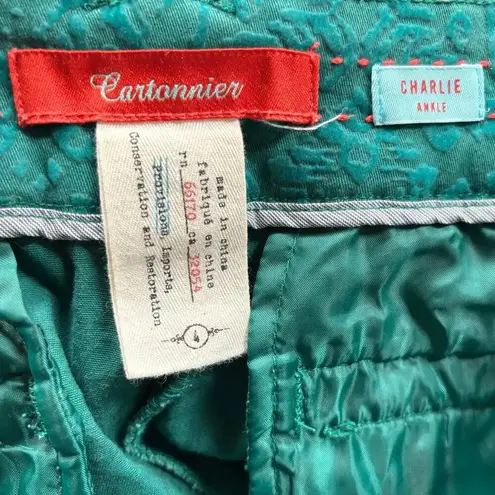Anthropologie Cartonnier Size 4 Charlie Ankle Green Velvet Brocade Velvet Pants