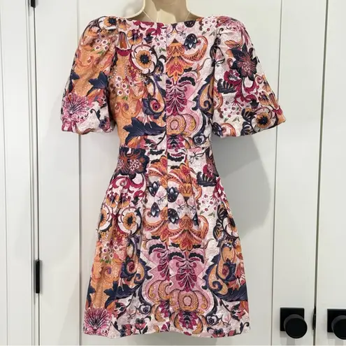 House of Harlow 1960 Puff Sleeve Mini Dress Linen Floral Size 2 Garden Party