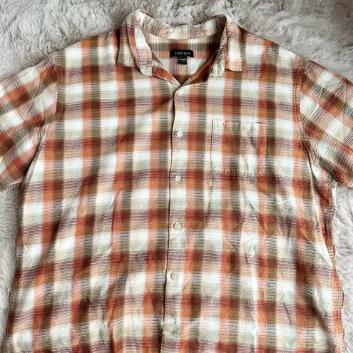 Van Heusen Men's Can Heusen Orange/Green/Cream Plaid Button Up Collared Short Sleeve