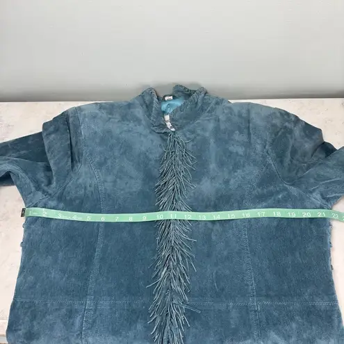 Pamela McCoy Suede Leather Jacket with Fringe Tassels, Size L Teal Blue Size L