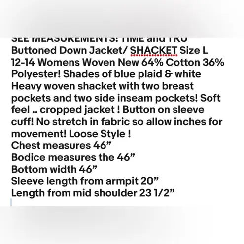Time & Tru  Buttoned Down Loose Jacket SHACKET Size L 12-14 Womens Woven  New