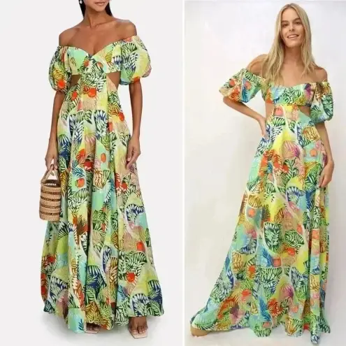 STAUD Coliseum Off-The-Shoulder Linen Tropical Print Dress Size 8